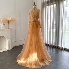 a dress on display in front of a window