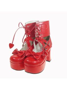 Red 3.7" Heel High Romatic Patent Leather Round Toe Ankle Straps Platform Women Lolita Shoes Red Ballet Shoes, Heart Heels, White High Heels, Heart Themed, Pu Heels, Ankle Straps, Lace Up Flat, White Shoes, Winter Boot