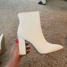 The Description Says 9. I Felt Like They Ran Small So Maybe An 8/8.5 Because They Don’t Fit Me. Never Worn Because They’re Tight On My Toes White Ankle Boots, Dance Ideas, Christmas Dance, Classy Fits, White Boots, Long Boots, Red Dress, Bootie Boots, Gel Nails