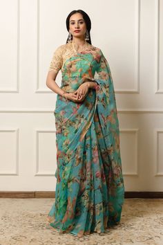 Turquoise saree featuring flora print all over. Comes with an unstitched blouse piece. - Aza Fashions Blue Floral Saree, Turquoise Saree, Floral Saree, Flora Print, Print Saree, Blossom Print, Green Saree, Blue Saree, Printed Sarees