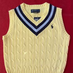 Polo By Ralph Lauren Yellow Sweater Vest With Navy And Light Blue Accents New With Tag Size: 4 Casual Yellow Sweater Vest For Winter, Casual Yellow Cotton Sweater Vest, Yellow Cotton Top For School, Yellow Fitted School Top, Yellow Fitted Tops For School, Casual Yellow Outerwear For School, Ralph Lauren Baby Girl, Navy Blue Hoodie, Reindeer Sweater