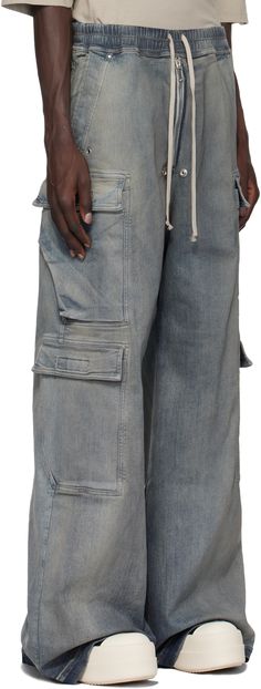 Wide-leg, stonewashed, and overdyed lightweight stretch denim cargo pants. · ZDHC-certified · Drawstring at elasticized waistband · Four-pocket styling · Exposed zip-fly · Rivets, eyelets, and press-stud hardware at front · Cargo pockets at legs · Dropped inseam Supplier color: Sky Denim Cargo Pants, Denim Cargo, Rick Owens Drkshdw, Press Studs, Rick Owens, Rivets, Denim Pants, Stretch Denim, Cargo Pants