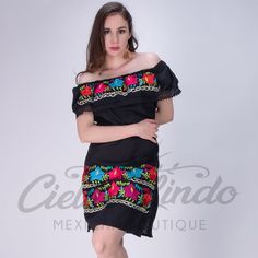 Beautifully Embroidered Dress, Handcrafted By Mexican Artisans. Features Comfortable Off The Shoulder Neckline With An Elastic Band With Shiny Silk Colorful Floral Embroidery. Perfect To Wear On A Mexican Themed Party, Mexican Fiesta, Or Just Because It Is Great To Wear A One Of A Kind Garment That Was Carefully Handmade With Love One By One, So Many Hours Behind Every Piece! Fits Also Into The Boho Style Or The Southwestern Look With A Very Cute And Romantic Vibe. Any Accessories Shown Are Sold Black Floral Embroidered Summer Dress, Embroidered Black Summer Dress, Black Embroidered Mini Dress For Summer, Black Embroidered Dress With Geometric Patterns For Spring, Traditional Black Spring Dresses, Black Dress With Geometric Embroidery For Spring, Black Embroidered Hem Summer Dress, Traditional Black Embroidered Dress, Traditional Black Dress With Embroidered Hem