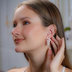 "Very romantic crystal bridal stud earrings. Gorgeous crystal wedding earrings for bride or bridesmaids. Matching necklace and bracelet will complete your bridal jewelry set. This wedding jewelry set is available in silver, gold or pink gold(rose gold) color to match your dress. They measure about 1 1/4\" long and 1/2\" wide. Matching regular bracelet is measuring: 7\" long and 1/4\" wide or adjustable bracelet option is available as well to fit a larger or smaller wrist. High quality guaranteed White Crystal Earrings With Elegant Design For Party, Cubic Zirconia Dangle Flower Earrings For Wedding, Elegant Diamond White Flower Earrings For Wedding, Teardrop Cluster Earrings For Wedding, Silver Drop Earrings For Bridal Party, Silver Drop Earrings For Party Bridal Accessories, Gold Crystal Flower Earrings For Wedding, Dainty Drop Earrings For Wedding, Dainty Crystal Drop Earrings For Wedding