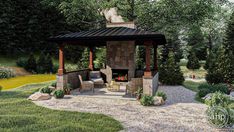 a gazebo in the middle of a garden with chairs around it