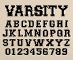 the font and numbers are all in black on a beige background with white letters that read varsity