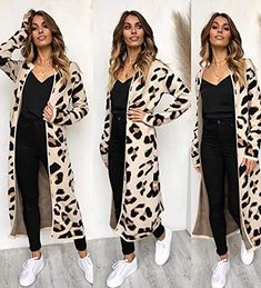 Angashion Women's Long Sleeves Leopard Print Knitting Cardigan Open Front Warm Sweater Outwear Coats with Pocket Loose Knitting, Long Cardigan Coat, Look Legging, Mode Kimono, Cardigan Kimono, Knitting Sweater, Leopard Cardigan, Oversized Sweater Cardigan