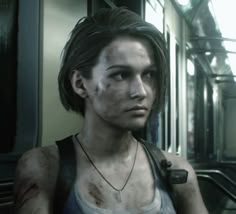 a woman with blood on her face standing in front of a subway car, looking at the camera