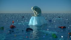 a polar bear sitting on top of an iceberg in the middle of the ocean