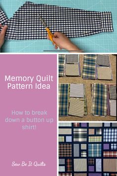 a person cutting fabric with scissors on top of it and the words, memory quilt pattern idea