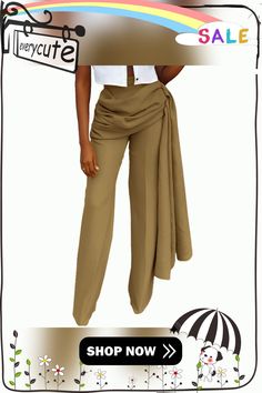 Khaki Unique Fashion Mid-waist Straight Pants High Waist Khaki Dress Pants With Pockets, Khaki High Waist Dress Pants With Pockets, Chic Khaki Wide Leg Cargo Pants, Khaki Non-stretch Wide-leg Pants, Fitted High Waist Wide Leg Khaki Pants, Fitted Wide Leg Khaki Dress Pants, High Waist Khaki Wide Leg Pants For Fall, Khaki Wide Leg Fitted Dress Pants, Fall High Waist Khaki Wide Leg Pants