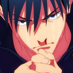 an anime character with red hair and blue eyes looking at the camera while holding his finger to his mouth