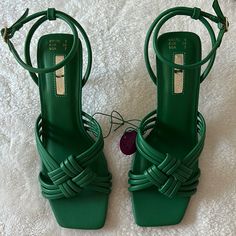 Brand New Pair Of Heel Sandals. Chic Green Sandals With 4-inch Heel, Green Synthetic Sandals With 4-inch Heel, Green Open Toe Sandals With 4-inch Heel, Green Strappy Sandals With Heel Loop, Green High Heel Sandals With Wrapped Heel, Green Strappy Sandals With Heel Strap, Green Sandals With Wrapped Block Heel, Green Ankle Strap Sandals In Synthetic Material, Green Leather Strappy Heels