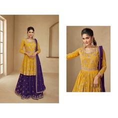 About Product :  Amp your beauty adorning this yellow colored flared style georgette Top crafted with thread, resham embroidery enhanced by sequins embellishment, that features round neck and quarter sleeves. Comes along with a Purple colored georgette lehenga and a Purple colored georgette dupatta, both in similar work embroidery. Fabric Details :- Top :  Heavy Blooming Georgette  Bottom : - Heavy Blooming Georgette  Dupatta :-Heavy Blooming Georgette  Work :- Embroidery Size:- Top Semi Stitched Up To 44/Bottom Stitch Up To 46  Type :- Ready to Wear Wash :- First Time Dry Clean Occasion: Festive, Mehndi, Sangeet, Wedding Customize Stitching : Please Provide your complete size. We will stitch your outfit according to your size .  Disclaimer: Actual Color May Slightly vary From the Image Sh Plazzo Dress, Georgette Sharara, Georgette Skirt, Resham Embroidery, Designer Salwar Kameez, Georgette Lehenga, Lehenga Suit, Sharara Suits, Georgette Tops