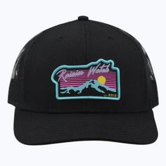 I took our super retro Neon Sunset design and threw it on the best 6 Panel Trucker hat around - made by Brist Mfg out of Bellingham, Wa. Designed to feel familiar but in curated colors to match the seasons and the best trends in hat fashion. Every purchase helps support Washington's National Parks via Washington's National Parks Fund Designed and printed in the PNW Fabric: Crown - 100% Cotton / Mesh - 100% Polyester Shape/ Profile: Structured Mid Profile Closure: Snapback Bill Shape: Curved Bill Sweatband Material: Cotton Sweatband Fit/ Size: OSFM 58cm Retro Snapback Hat With Curved Bill For Spring, Retro Curved Bill Hats For Spring, Fun Black Baseball Cap For Outdoor, Fun Black Hat For Outdoor, Fun Black Outdoor Hats, Fun Black Outdoor Hat, Black Retro Trucker Hat, Black Trucker Hat For Winter, Vintage Black Baseball Cap For Spring