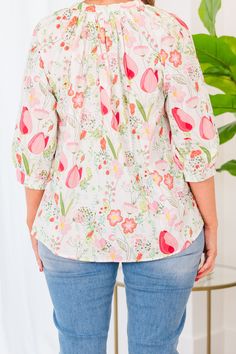 The time to grab this beauty is now! This top features unique bubble sleeves and a delicate pink floral pattern! Effortlessly pair it with distressed skinnies for a chic and trendy look! Elevate your fashion game with this versatile and stylish top! 100% Cotton Feminine Floral Print Tops With 3/4 Sleeve, Pink Rose Print Top For Spring, Casual Pink Rose Print Blouse, Casual Pink Blouse With Rose Print, Spring Pink Rose Print Tops, Feminine Rose Print Blouse, Feminine Printed Spring Tops, Feminine Spring Printed Tops, Feminine Printed Tops For Spring