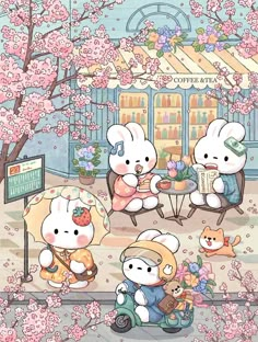 some cartoon characters sitting at a table with food and flowers in front of the store