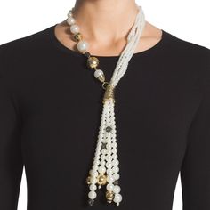 Enhance Your Look With This Faux-Pearl Necklace. Intertwined Strands And Gorgeous Baubles Meet To Form Luxe Fringe. Adjusts From 18"-22" With A 6" Drop. Plastic, Glass & Metal. Chic White Single Strand Necklace, Chic White Beaded Necklace, Elegant Single Strand Pearl Long Necklace, White Beaded Chain Lariat Necklace, White Lariat Necklace With Beaded Chain, White Adjustable Beaded Necklace For Formal Occasions, Elegant Beaded Chain Lariat Necklace For Parties, Elegant Multi-strand Beaded Necklaces For Formal Occasions, Elegant Multi-strand Beaded Long Necklace