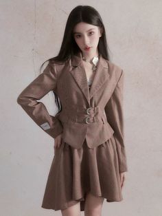 ❤Retro Check Jacket + Asymmetrical Skirt❤︎ Brown Plaid Skirt, Fishtail Skirt, Checked Jacket, Plaid Suit, Elegante Casual, Brown Skirts, Waist Strap, Asymmetrical Skirt, Brown Plaid