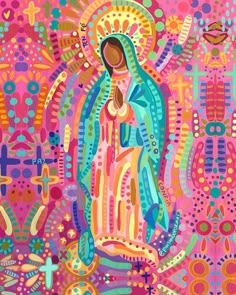 the virgin mary is depicted in this colorful painting