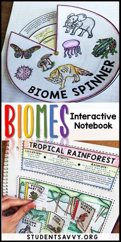 an interactive notebook with the words biomes and pictures on it, along with a hand holding