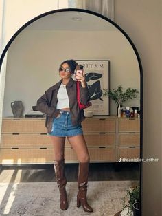 Bandana Cap, Brown Boots Outfit, Fall Boots Outfit, Skirt Outfits Fall, Fall Transition Outfits, Denim Skirt Outfits, Nashville Outfits, Transition Outfits, Leather Jacket Outfits