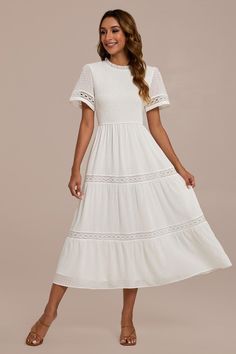 White Short Sleeve Ruffle Neck Smocked Tiered Maxi Dress Dancing Dress, Wedding 2024, Tiered Maxi Dress, White Short, Dance Dresses, Smocking, White Shorts, Dancing, Maxi Dress