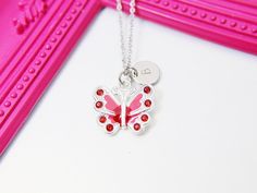 Silver Butterfly Charm Necklace, Red Butterfly Charm, Personalized Custom Monogram, HOW TO ORDER 1) Select the quantity 2) Select stamp the initial 3) Add to cart DESCRIPTION ♥ Stainless steel chain ♥ Stainless steel disc 10mm. ♥ Enamel charm approx:21x22mm. ** Conversion: 1 inch = 25.4mm or 1mm = 0.0393 inches** ♥ Additional initial charm https://www.etsy.com/listing/250795439 ♥ Add a birthstone charm https://www.etsy.com/listing/231714720 ♥ Handmade to order, please allow 3-5 days for us to ma Red Sterling Silver Jewelry For Birthday, Personalized Red Jewelry Gift, Red Birthstone Jewelry For Birthdays, Personalized Red Jewelry For Gift, Personalized Red Jewelry For A Gift, Personalized Red Necklace For Gift, Red Necklace For Birthday And Valentine's Day, Nickel-free Red Jewelry For Birthdays, Red Necklace For Valentine's Day Birthday