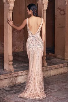 Champagne gold gown with all over embroidery in abstract pattern using crystals, sequins, beads and cutdana work. - Aza Fashions V Neck Gown, Cutdana Work, Using Crystals, All Over Embroidery, Tulle Embroidery, Gold Gown, Gown For Women, Gown Pattern, Beaded Neckline