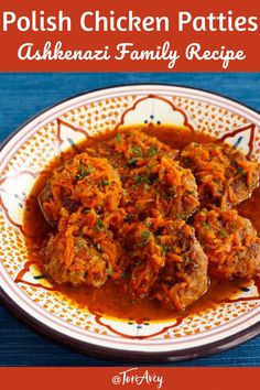 polish chicken patties with red sauce on a white and orange plate, text reads polish chicken patties