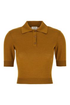 Exterior: 35% Wool 35% Cashmere 30% Silk Designer Brown Collared Top, Designer Collared Brown Top, Luxury Brown Formal Tops, Luxury Fitted Tops For Workwear, Luxury Fitted Tops For Work, Luxury Brown Collared Top, Classic Brown Top With Collared Neckline, Designer Tops With Polo Collar For Workwear, Elegant Brown Tops With Collar