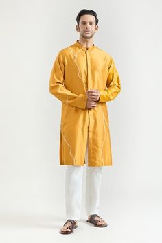 Mustard chanderi kurta with placed abstract pattern embroidery. Comes with contrasting pyjama. - Aza Fashions Designer Sets With Gota Work For Eid, Designer Gota Work Kurta For Eid, Designer Cotton Kurta With Zari Work, Designer Gota Work Kurta For Diwali, Designer Cotton Traditional Wear For Diwali, Designer Cotton Kurta For Eid, Designer Cotton Kurta For Diwali, Designer Cotton Straight Kurta, Pajama Pattern