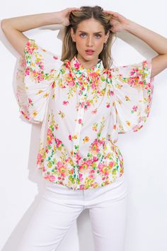 Experience effortless elegance in this intricately crafted woven top, with its refined shirt collar, delicate pleated sleeves, and classic button-down design.Details:Self : 100% PolyesterSize & Fit- Model is 5`8" And Wearing Size Small- Measurements Taken From Size Small- Approx. Length: 24" Trendy Spring Blouse With Ruffled Collar, Chic Summer Blouse With Collared Neckline, Summer Feminine Blouse With Ruffle Sleeves, Feminine Summer Blouse With Ruffle Sleeves, Trendy Summer Blouse With Ruffled Collar, Chic Pleated Button-up Blouse, Trendy Collared Blouse For Spring, Spring Tops With Pleated Sleeves For Day Out, Spring Pleated Sleeve Top For Day Out