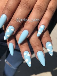 Cloud ☁️ Nails. Aprés Gel-X Acrylic Nails Cloud Design, Clouds Nails Acrylic, Blue Japanese Gel Nails, Nail Designs With Clouds, Almond Nails Clouds, Cloud Acrylic Nail Designs, Cute Cloud Nail Art, Nail Ideas Clouds, Cloud Nails Gel