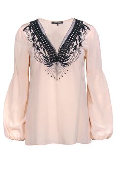 Current Boutique-Nanette Lepore - Blush Pink w/ Black Embroidery & Beading Neckline Sz 2 Elegant V-neck Blouse With Floral Embroidery, Feminine Embroidered V-neck Blouse, Elegant Embroidered Sleeve Top For Work, Elegant Embellished Tops For Workwear, Elegant Tops With Embroidered Sleeves For Work, Elegant Embroidered Tops For Night Out, Spring Formal Blouse With Embellished Collar, Elegant Blouse With Embellished Collar For Work, Elegant Spring Blouse With Floral Embroidery