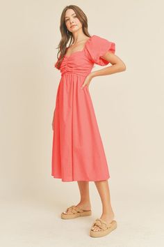 + Puff sleeve midi dress + Sweetheart neckline with ruched front + Short puff sleeves + Smocked elastic back + Lined + Model is 5' 9" 32-24.5-34.5 and wears a S Fabric Contents 100% COTTON Dress Sweetheart Neckline, Modest Tops, Puff Sleeve Midi Dress, Sleeve Midi Dress, New Arrival Dress, Modest Dresses, Sweetheart Neckline, Puff Sleeves, Skirt Pants