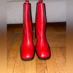 Brand New Red Asos Boots, Never Worn. True To Size Red Leather Heeled Boots With Reinforced Heel, Red Leather Heeled Boots With Block Heel, Red Leather Block Heel Boots, Red Leather Ankle-high Heeled Boots, Trendy Red Heeled Boots For Fall, Red Heeled Boots For Winter, Trendy Red Heeled Boots With Block Heel, Trendy Red Boots With Square Toe, Trendy Red Block Heel Boots