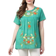 Raj Salena Embroidered Blouse From the sea to the shore and all the places in between. This blouse resonates in a season that's full of swelter. Top it over shorts and skirt for impeccable chic and ease. Summer Embroidered Hem Short Sleeve Tops, Summer Embroidered Short Sleeve Top With Relaxed Fit, Floral Embroidered Tops For Beach Season Vacation, Embroidered Hem Top For Summer Vacation, Summer Multicolor Embroidered Top With Embroidered Hem, Green Short Sleeve Blouse For Beach Season, Summer Vacation Embroidered Top With Hem Detail, Summer Vacation Embroidered Top With Embroidered Hem, Casual Embroidered Top For Vacation With Relaxed Fit