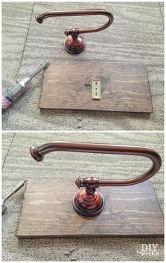 two pictures of an old fashioned faucet made out of wood