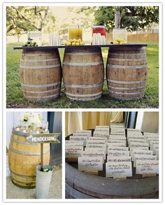 an image of wine barrels and boxes on the table at a winery wedding or reception