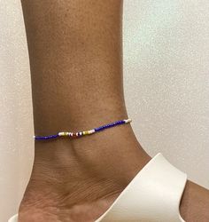 Sized to fit a 9 inch to 10 1/2 inch Ankle size. Handmade Adjustable Anklets, Trendy Handmade Anklets For Spring, Handmade Trendy Anklets For Spring, Spring Casual Beaded Anklets, Casual Blue Anklets For Festival, Casual Blue Festival Anklets, Casual Handmade Blue Anklets, Casual Ankle Strap Anklets For Spring, Casual Blue Handmade Anklets