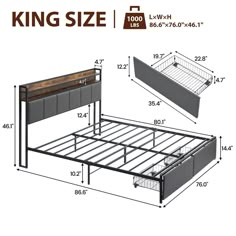 king size metal bed frame with drawers and headboard, measurements for the mattress top