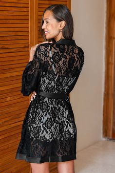 Looking for a touch of luxury? The Satin & Black Lace Robe features an elegant open front with a waist tie. The combination of smooth satin and delicate black lace adds a sophisticated charm to your loungewear. Product code: CAA15E4F001AA Features:  Open front Waist tie Material: 95%POLYESTER,5%SPANDEX. Black Lace V-neck Sleepwear, Elegant Black Long Sleeve Sleepwear, Black Long Sleeve Party Sleepwear, Elegant Black V-neck Sleepwear, Black Long Sleeve Sleepwear For Evening, Spring Party Black Sleepwear, Black Lace Sleepwear For Loungewear, Elegant Sleepwear With Tie Waist, Elegant Black Sleepwear With Lace Trim