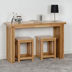 The Richmond range is solid wood with a medium oak coloured varnish. The Table folds away perfectly with a simple fold over design. It becomes very compact, and can even be used as a Console table!. So ideal where space is limited. The stools are available in pairs. A pair of stools will easily store under the folded up table. Self assembly Table dimensions closed: 120W x 77H x 40D x cm (47¼ x 30¼ x 15¾ in) Table dimensions open: 120W x 75H x 80D cm (47¼ x 29½ x 31½ in) Stool (each): 34W x 45H x 34D cm (13½ x 17¾ x 13½ in) Please remember to measure your available space before ordering. If using on an un-carpeted floor we recommend rubber or felt protection pads be used under the legs to avoid damage to your floors. Available in: Foldaway Table - Pair of Stools Non-Returnable under our app Space Saving Dining Table, Foldable Dining Table, Electric Adjustable Beds, Family Dining Rooms, Folding Dining Table, Table For Small Space, Family Dining, Container House Design, Oak Dining Table