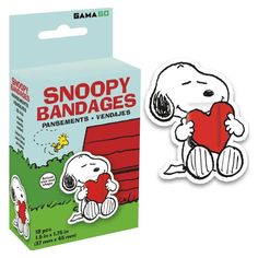 a sticker that is sitting on top of a cardboard box with snoopy bandages