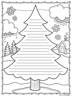 a christmas tree with snowflakes and stars on it, in black and white