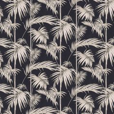 a black and white wallpaper with palm trees in the foreground, against a dark background