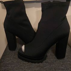 Peep Toe Chunky Heel Bootie Size 10 Ankle-high Boots For Summer Night Out, Ankle-high Boots For Night Out In Summer, Stretch Round Toe Party Boots, Trendy Heels With Padded Ankle For Party, Trendy Open Toe Boots For Night Out, Spring High Ankle Heels For Night Out, High Ankle Synthetic Heels For Night Out, Black Stretch Boots With Round Toe, Casual Black Heels With Padded Ankle