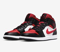 Jordan 1 Mid Bred Toe, Aj1 Mid, Air Jordan 1 Mid White, Air Jordan 1 Mid Black, Jordan 1 Mid White, Black Tongue, Jordan Model, Nike Air Jordan 1 Mid, Black Fire