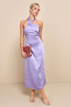 Lavender Satin Dress - Midi Slip Dress - Halter Midi Dress - Lulus Purple Satin Midi Dress For Party, Purple Satin Halter Neck Dress, Purple Halter Neck Midi Dress For Spring, Purple Satin Midi Dress For Cocktail, Spring Purple Halter Neck Midi Dress, Chic Purple Prom Dresses, Purple Satin Midi Dress For Summer, Purple Midi Dress For Summer Formal Events, Summer Purple Midi Dress For Formal Occasions